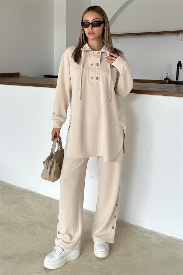 Premium Fabric Casual Sweat Trouser Set with Metal Accessories CREAM 9372-TK