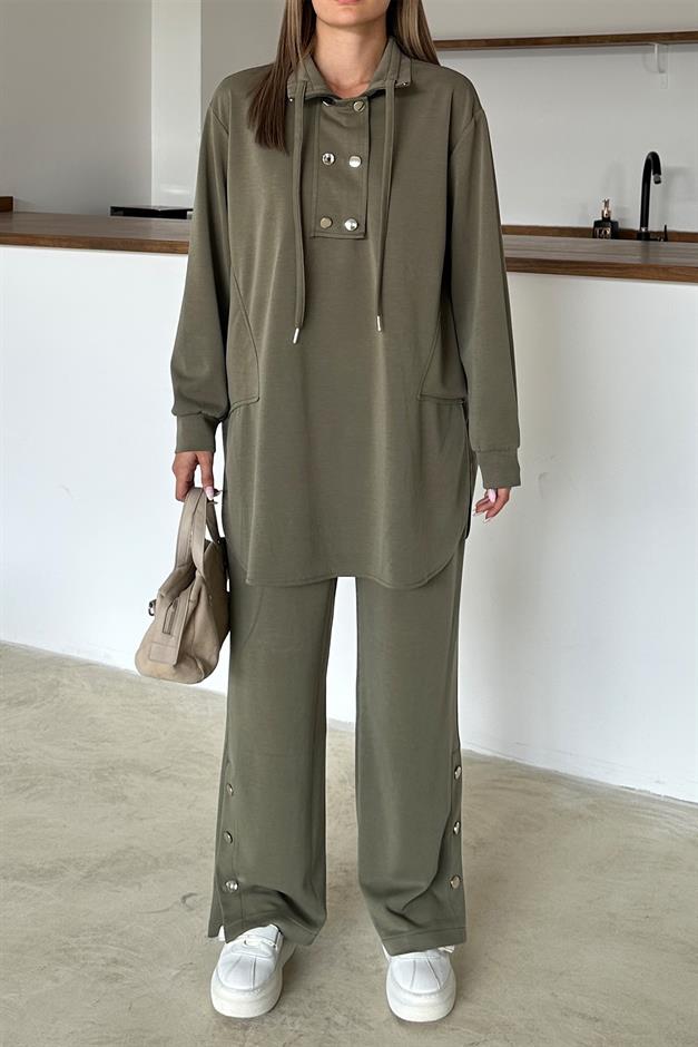 Premium Fabric Casual Sweat Trouser Set with Metal Accessories DRAB 9372-TK