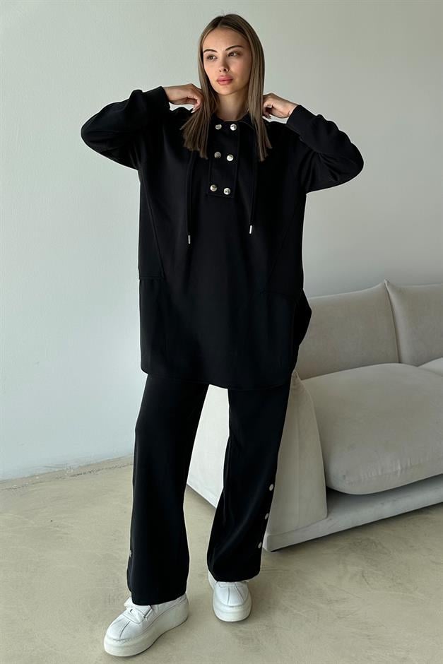 Premium Fabric Casual Sweat Trouser Set with Metal Accessories BLACK 9372-TK