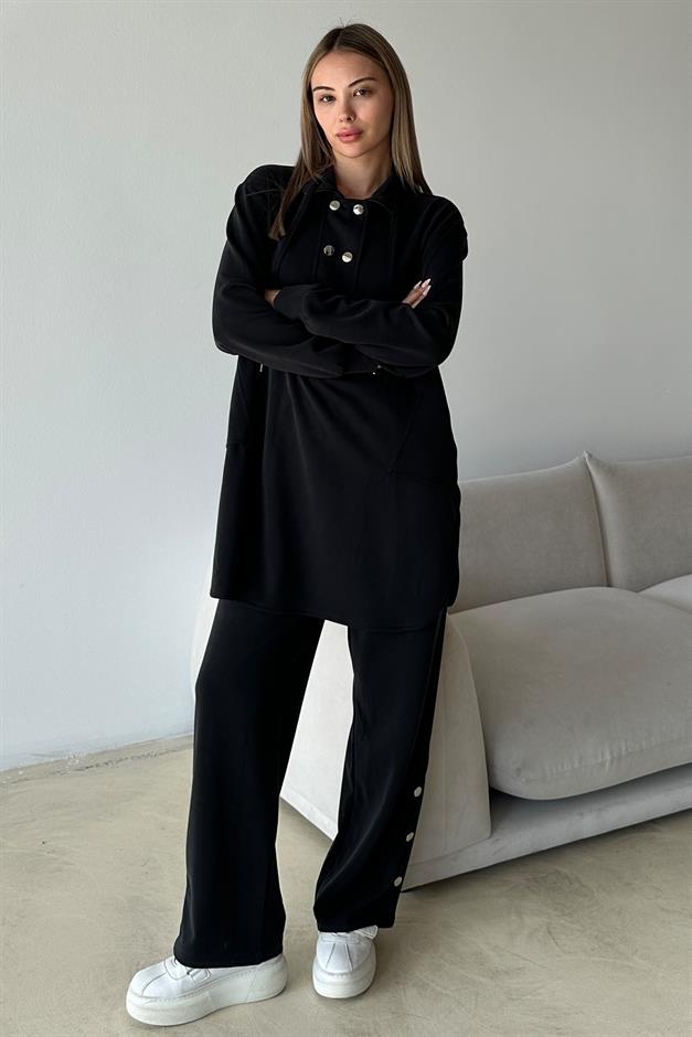 Premium Fabric Casual Sweat Trouser Set with Metal Accessories BLACK 9372-TK