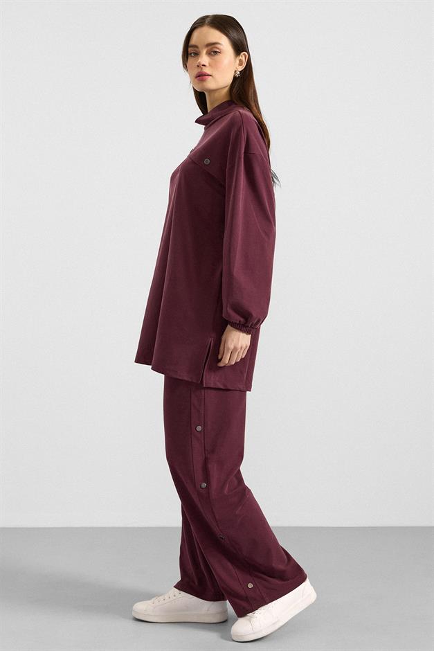 Metal Aksesuarlı Premium Kumaş Sweat Pantolon Takım BORDO 9404-TK