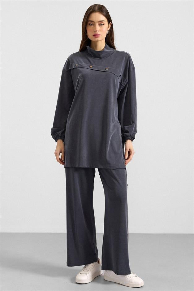 Metal Aksesuarlı Premium Kumaş Sweat Pantolon Takım LACİVERT 9404-TK