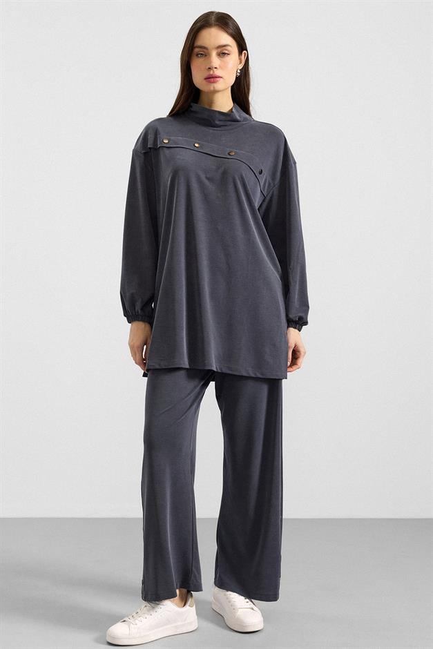 Metal Aksesuarlı Premium Kumaş Sweat Pantolon Takım LACİVERT 9404-TK