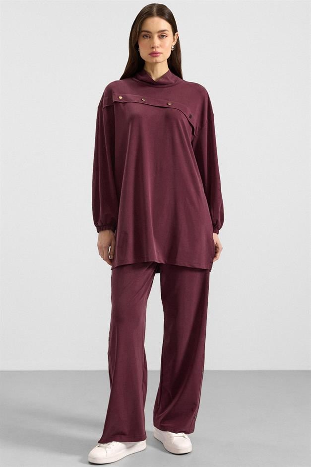 Metal Aksesuarlı Premium Kumaş Sweat Pantolon Takım BORDO 9404-TK