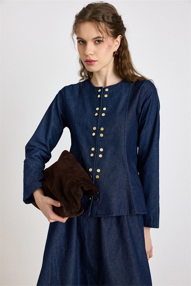 Metal Çıt Çıt Detaylı Ceket Etek Denim Takım LACİVERT 9448-TK