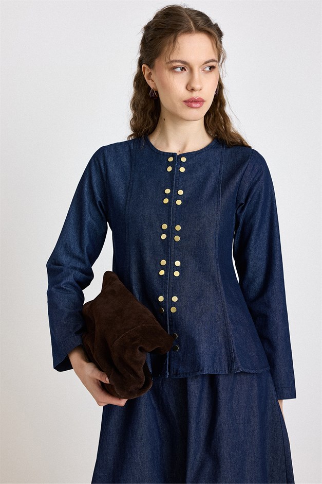 Metal Çıt Çıt Detaylı Ceket Etek Denim Takım LACİVERT 9448-TK