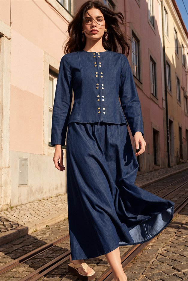 Metal Çıt Çıt Detaylı Ceket Etek Denim Takım LACİVERT 9448-TK