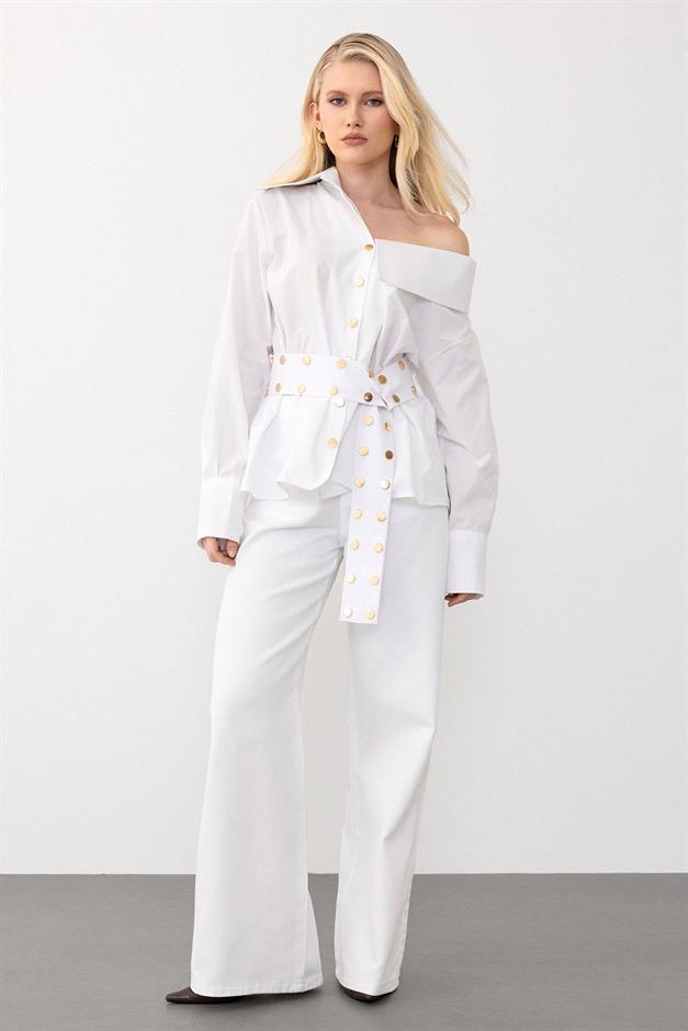 Madonna Collar Shirt with Metal Snap Detail WHITE 9278