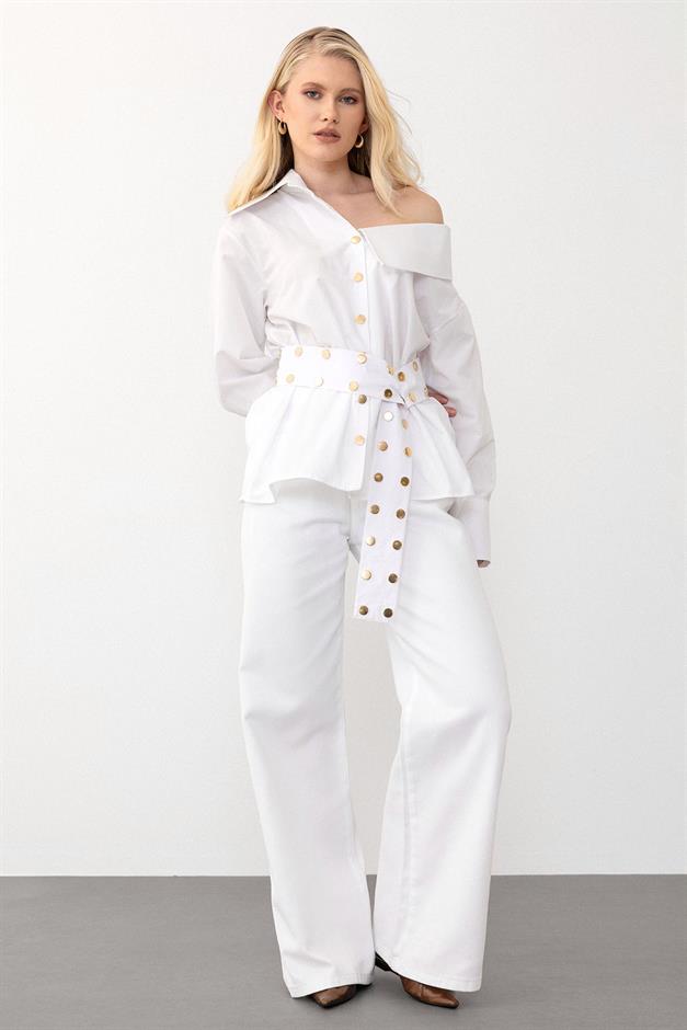 Madonna Collar Shirt with Metal Snap Detail WHITE 9278