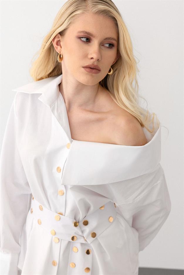 Madonna Collar Shirt with Metal Snap Detail WHITE 9278