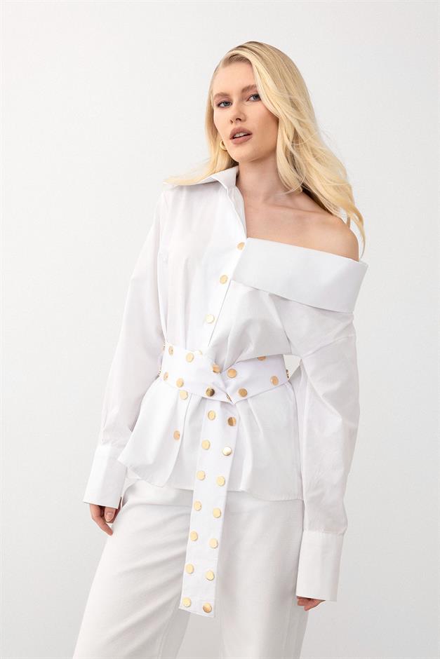 Madonna Collar Shirt with Metal Snap Detail WHITE 9278