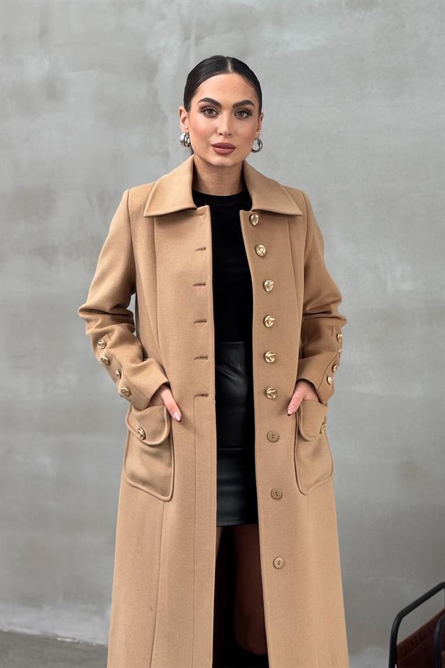 Cashmere Coat with Metal Button and Pocket Details BISCUIT 3086