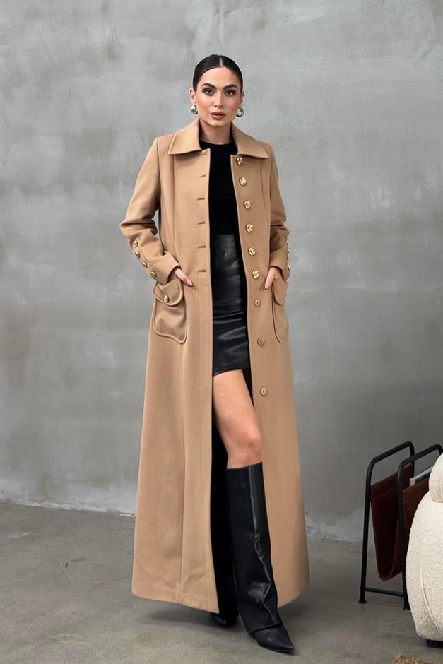 Cashmere Coat with Metal Button and Pocket Details BISCUIT 3086