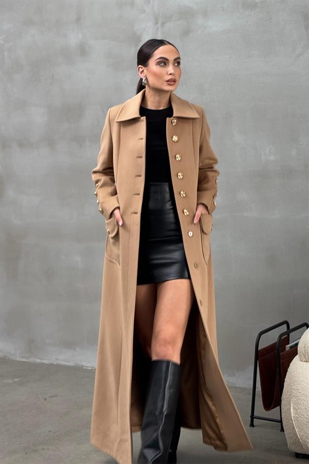 Cashmere Coat with Metal Button and Pocket Details BISCUIT 3086