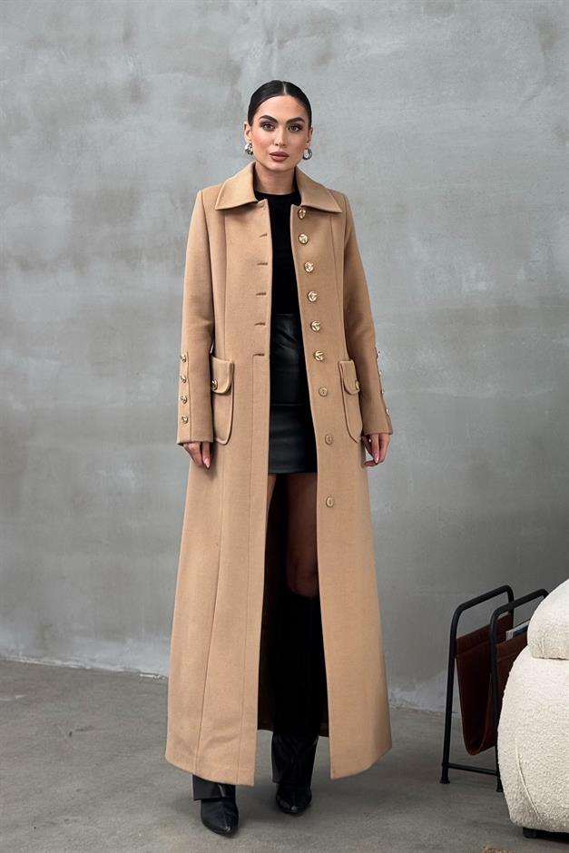 Cashmere Coat with Metal Button and Pocket Details BISCUIT 3086