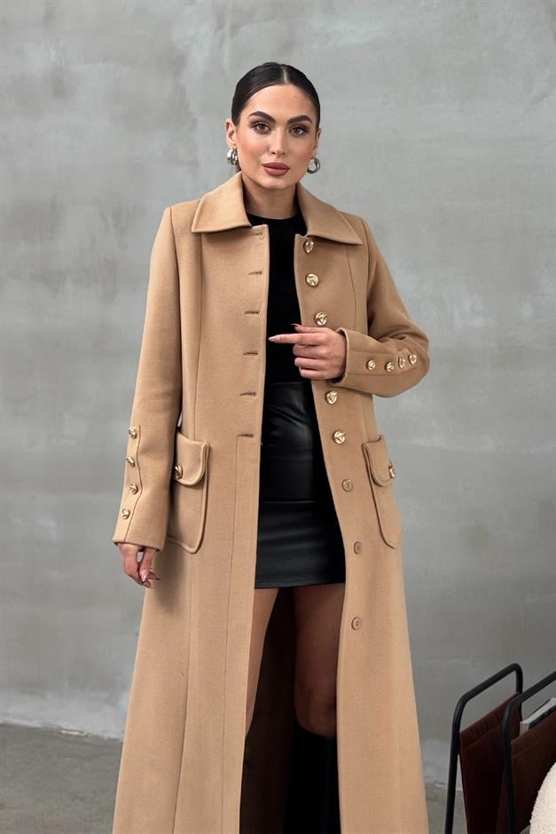Cashmere Coat with Metal Button and Pocket Details BISCUIT 3086
