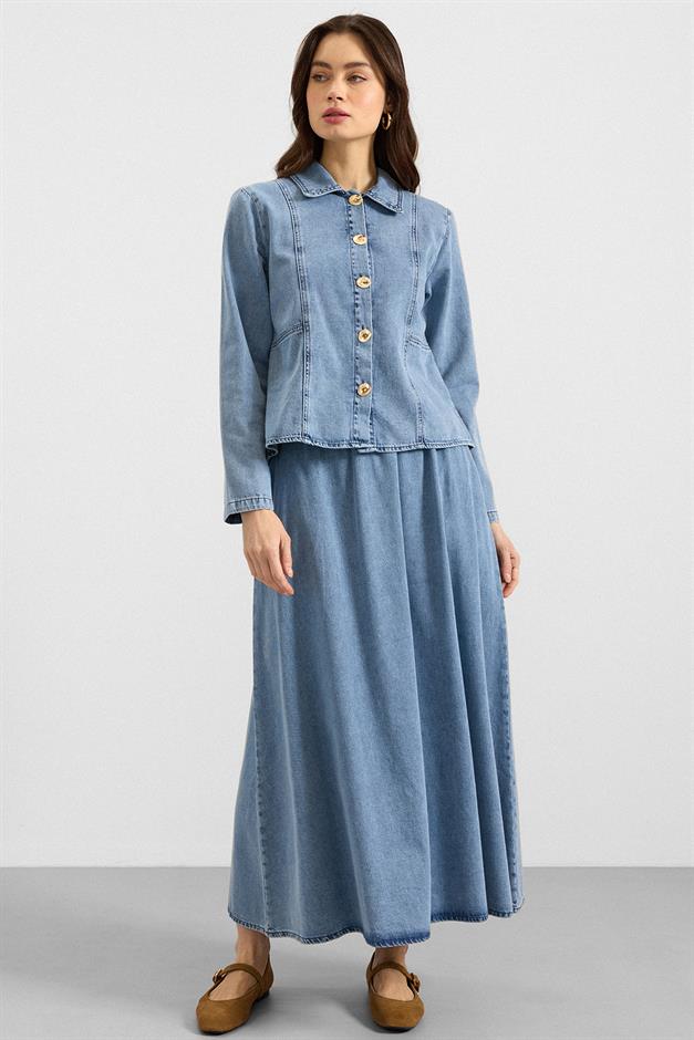 Metal Düğmeli Etek Ceket Denim ikili Takım AÇIK MAVİ 9400-TK