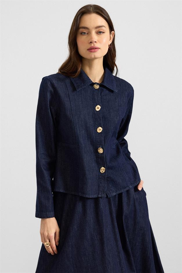 Metal Düğmeli Etek Ceket Denim ikili Takım LACİVERT 9400-TK