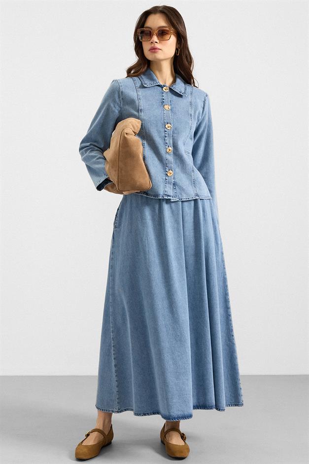 Metal Düğmeli Etek Ceket Denim ikili Takım AÇIK MAVİ 9400-TK