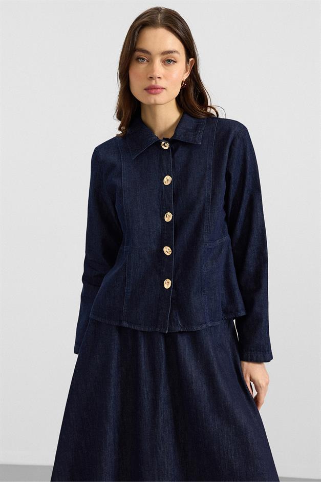 Metal Düğmeli Etek Ceket Denim ikili Takım LACİVERT 9400-TK