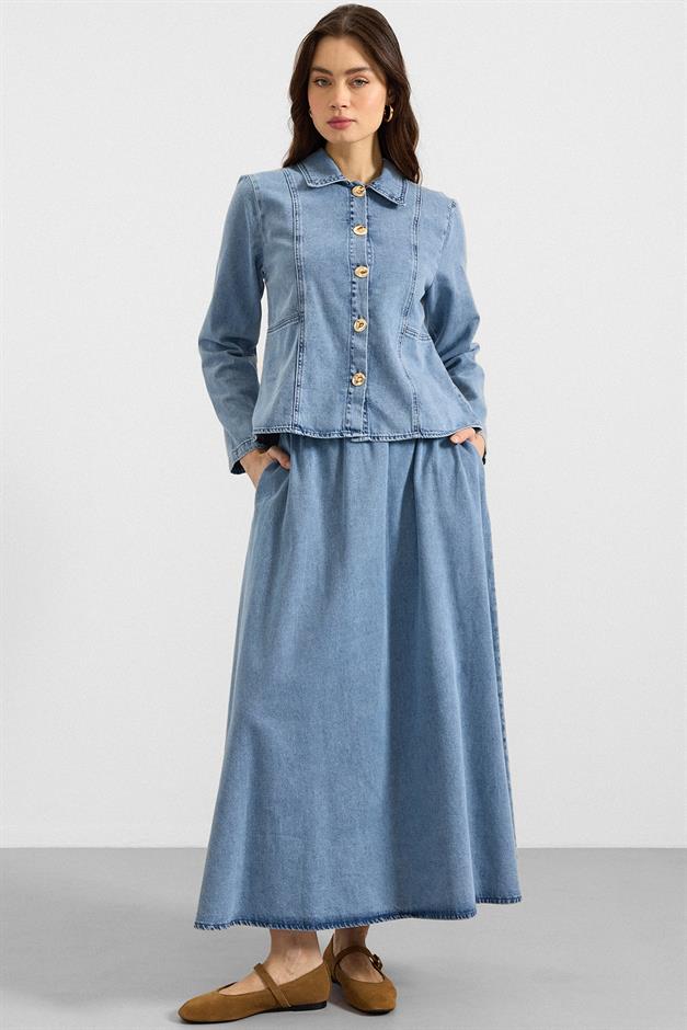 Metal Düğmeli Etek Ceket Denim ikili Takım AÇIK MAVİ 9400-TK