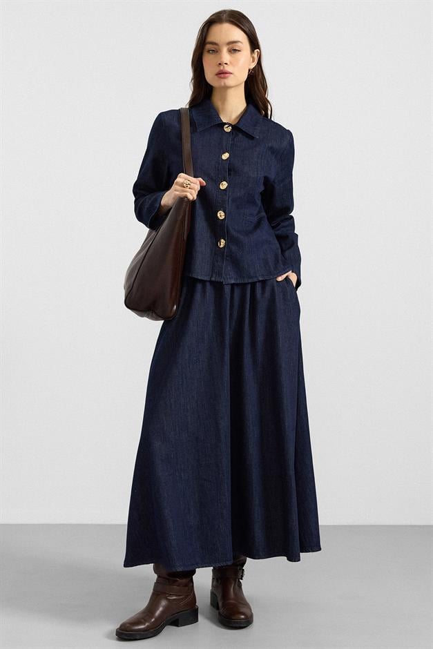 Metal Düğmeli Etek Ceket Denim ikili Takım LACİVERT 9400-TK