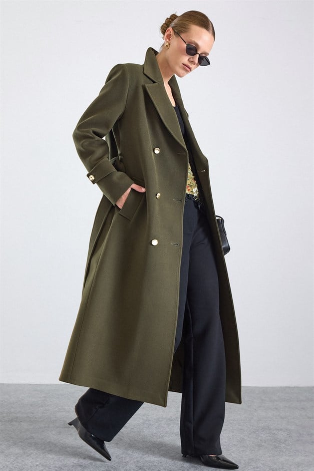 Metal Düğmeli Kruvaze Uzun Kaban HAKİ 3167