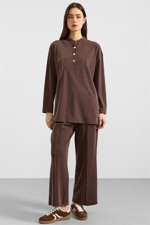 Metal Düğmeli Premium Kumaş Sweat Pantolon Takım KAHVE 9405-TK