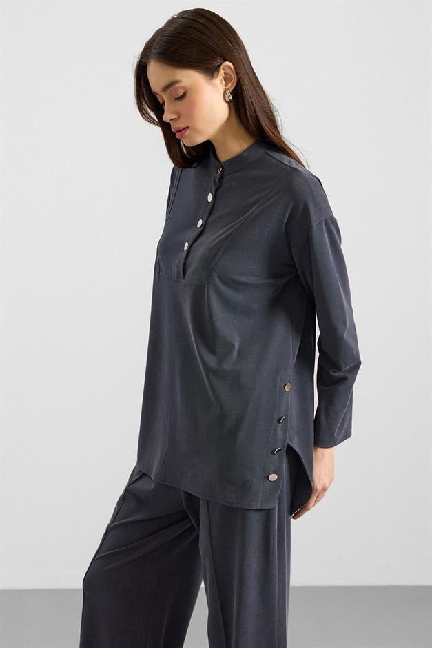 Metal Düğmeli Premium Kumaş Sweat Pantolon Takım LACİVERT 9405-TK