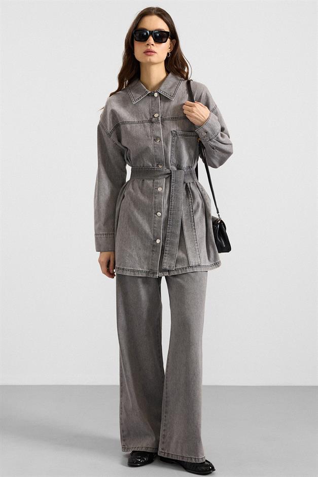 Metal Düğmeli Soft Denim Ceket Pantolon GRİ 9401-TK