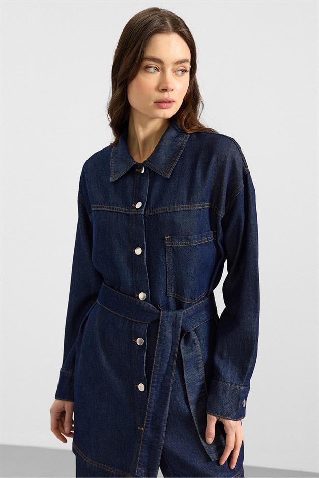 Metal Düğmeli Soft Denim Ceket Pantolon KOYU MAVİ 9401-TK