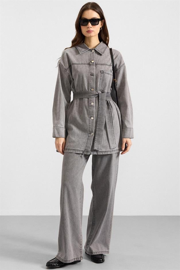 Metal Düğmeli Soft Denim Ceket Pantolon GRİ 9401-TK