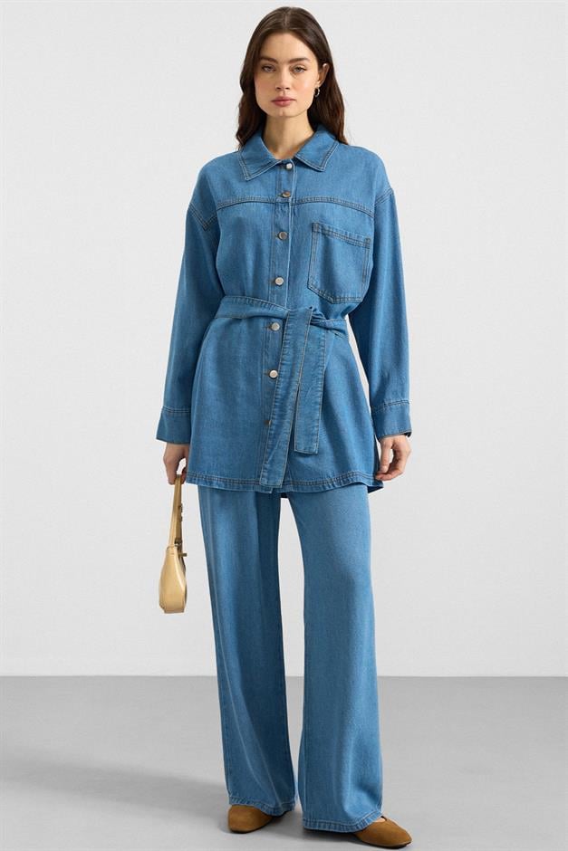 Metal Düğmeli Soft Denim Ceket Pantolon MAVİ 9401-TK