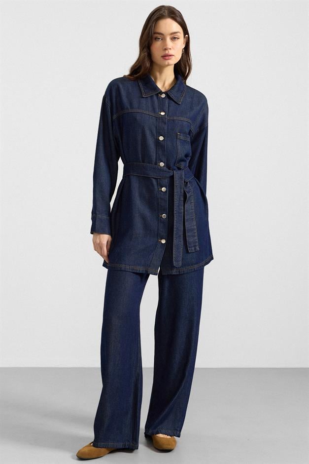 Metal Düğmeli Soft Denim Ceket Pantolon KOYU MAVİ 9401-TK
