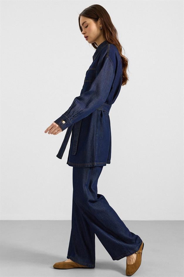 Metal Düğmeli Soft Denim Ceket Pantolon KOYU MAVİ 9401-TK