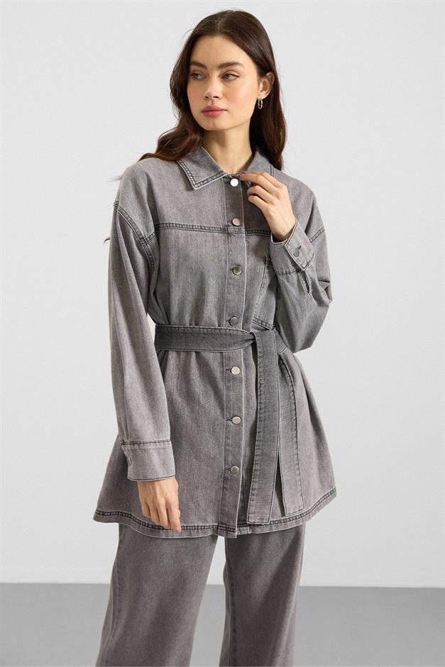 Metal Düğmeli Soft Denim Ceket Pantolon GRİ 9401-TK