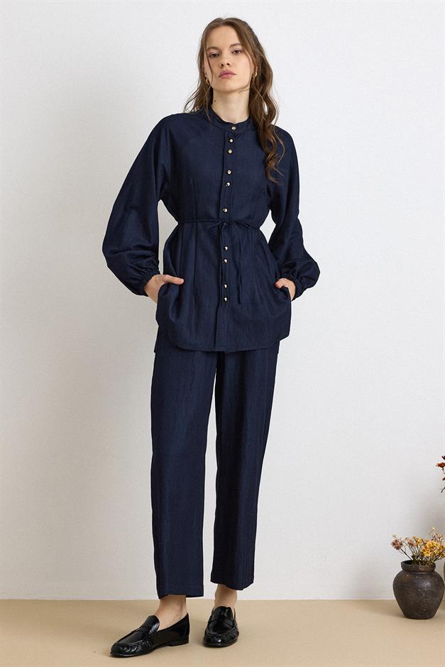 Metal Düğmeli Soft Denim Tunik Pantolon Takım LACİVERT 9426-TK