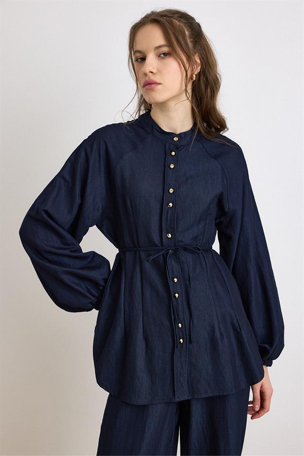 Metal Düğmeli Soft Denim Tunik Pantolon Takım LACİVERT 9426-TK
