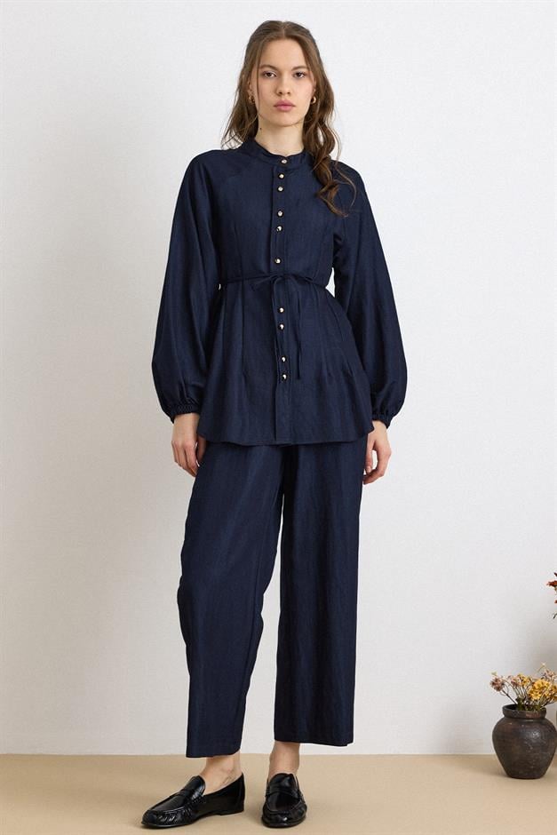 Metal Düğmeli Soft Denim Tunik Pantolon Takım LACİVERT 9426-TK