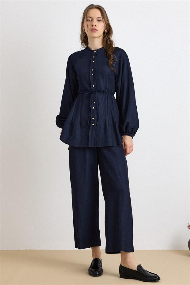 Metal Düğmeli Soft Denim Tunik Pantolon Takım LACİVERT 9426-TK