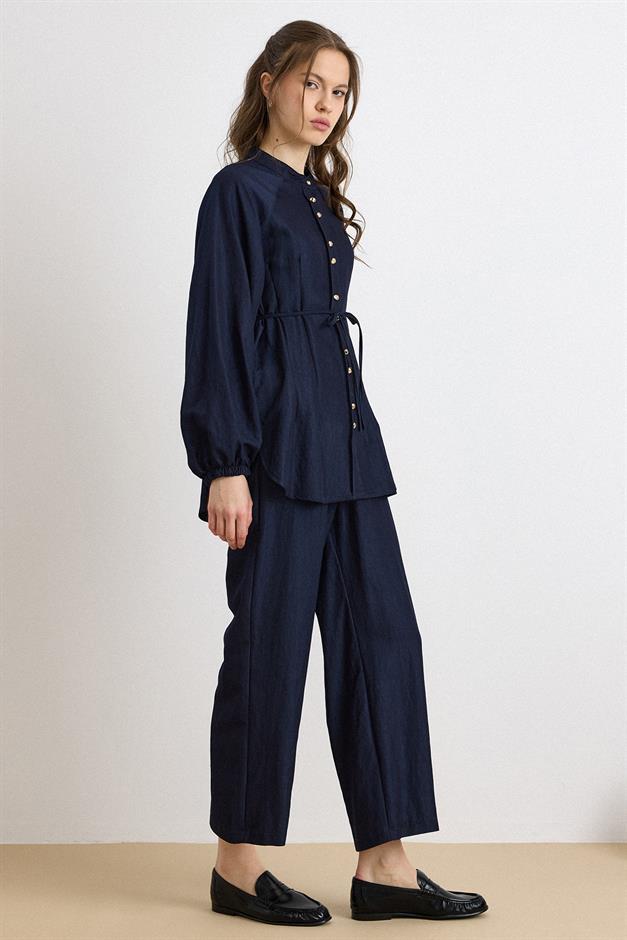 Metal Düğmeli Soft Denim Tunik Pantolon Takım LACİVERT 9426-TK