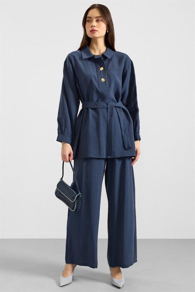 Metal Düğmeli Soft Kumaş Tunik Pantolon İkili Takım İNDİGO 9397-TK
