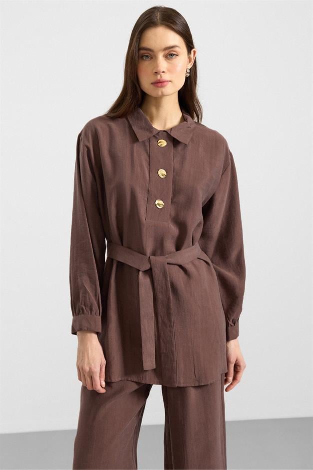 Metal Düğmeli Soft Kumaş Tunik Pantolon İkili Takım KAHVE 9397-TK