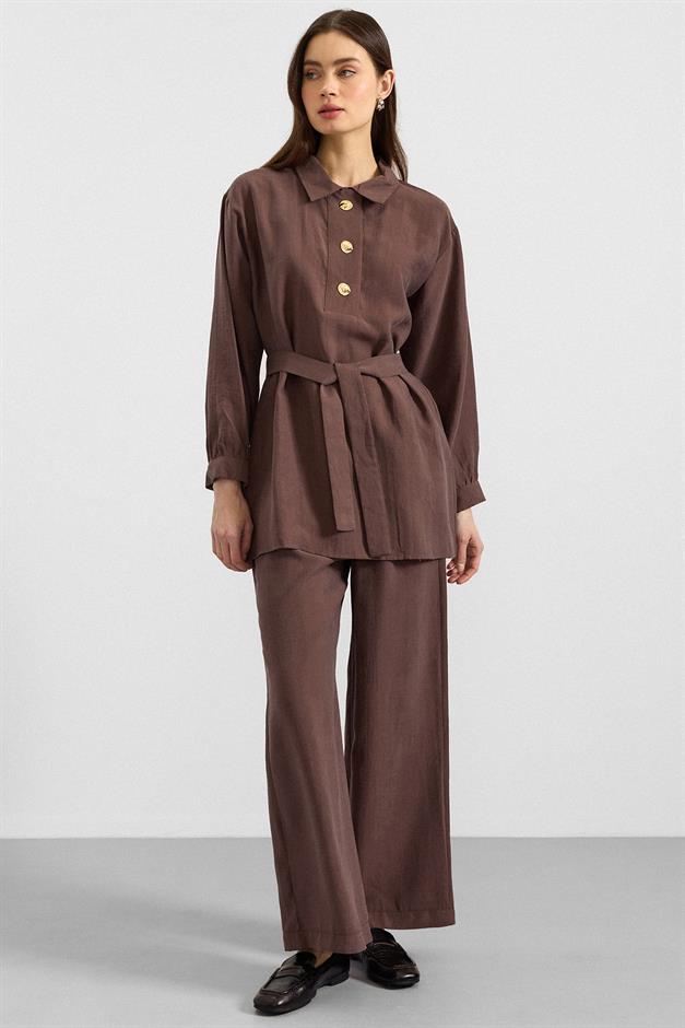 Metal Düğmeli Soft Kumaş Tunik Pantolon İkili Takım KAHVE 9397-TK