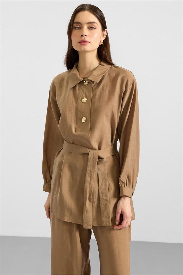 Metal Düğmeli Soft Kumaş Tunik Pantolon İkili Takım KAMEL 9397-TK