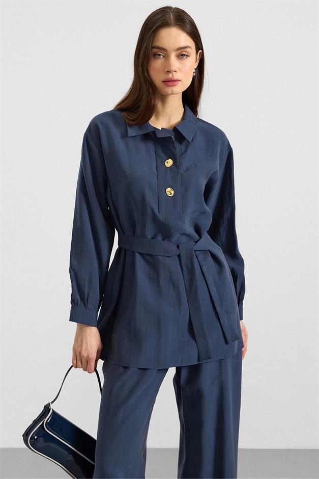 Metal Düğmeli Soft Kumaş Tunik Pantolon İkili Takım İNDİGO 9397-TK