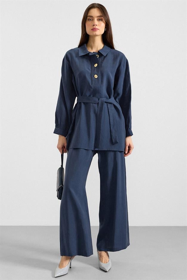 Metal Düğmeli Soft Kumaş Tunik Pantolon İkili Takım İNDİGO 9397-TK
