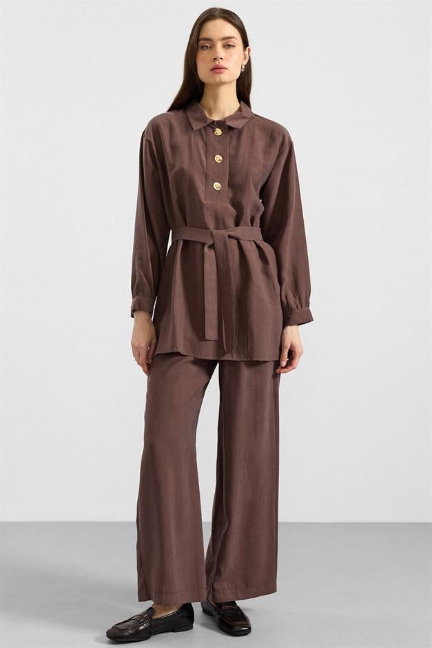 Metal Düğmeli Soft Kumaş Tunik Pantolon İkili Takım KAHVE 9397-TK