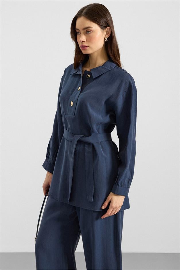 Metal Düğmeli Soft Kumaş Tunik Pantolon İkili Takım İNDİGO 9397-TK
