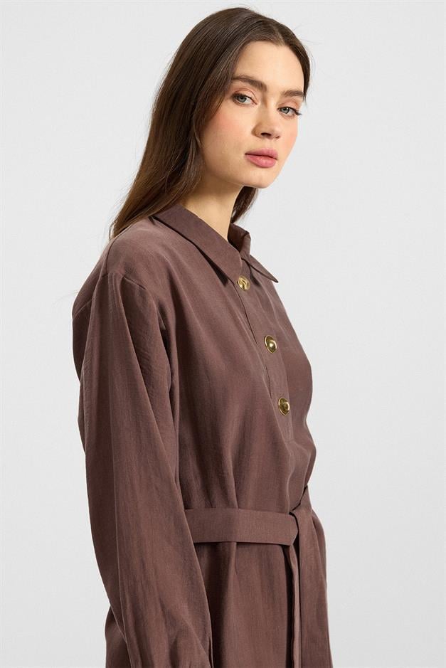 Metal Düğmeli Soft Kumaş Tunik Pantolon İkili Takım KAHVE 9397-TK